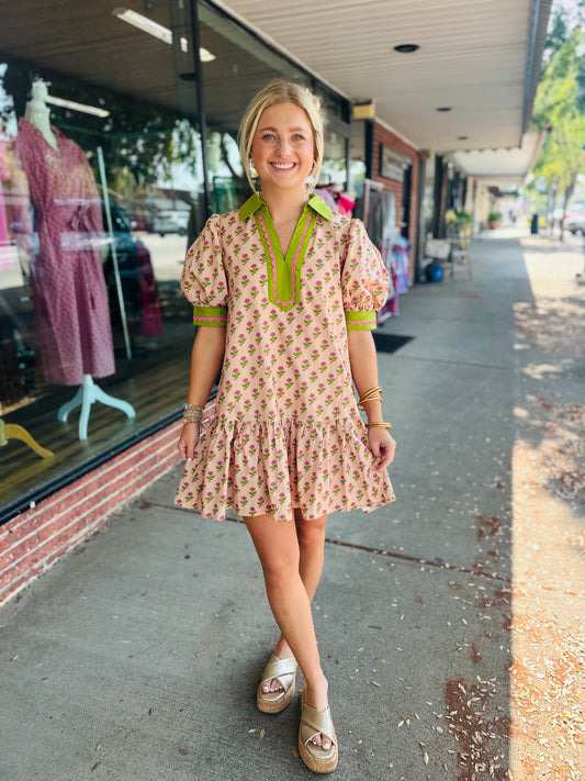 Ecru w/ Pink Poplin Dress