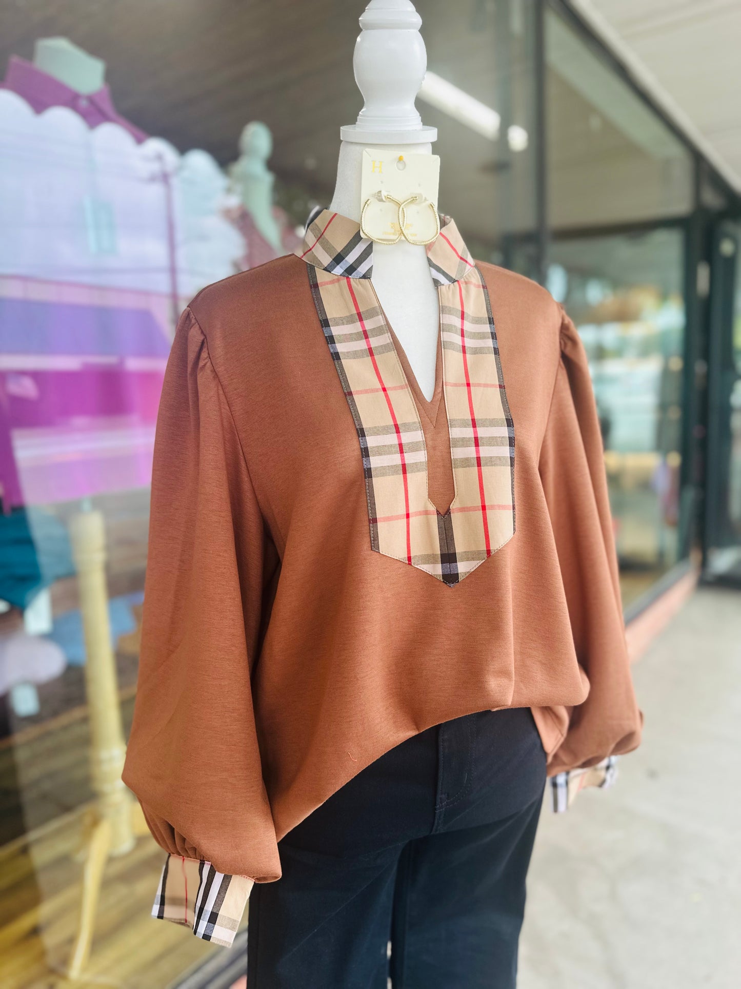 Brown Plaid Trim Top