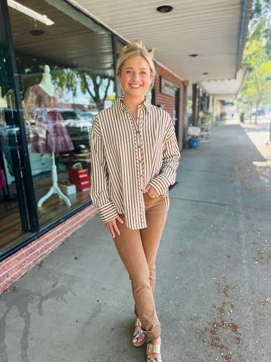 Brown Long Sleeve Striped Top