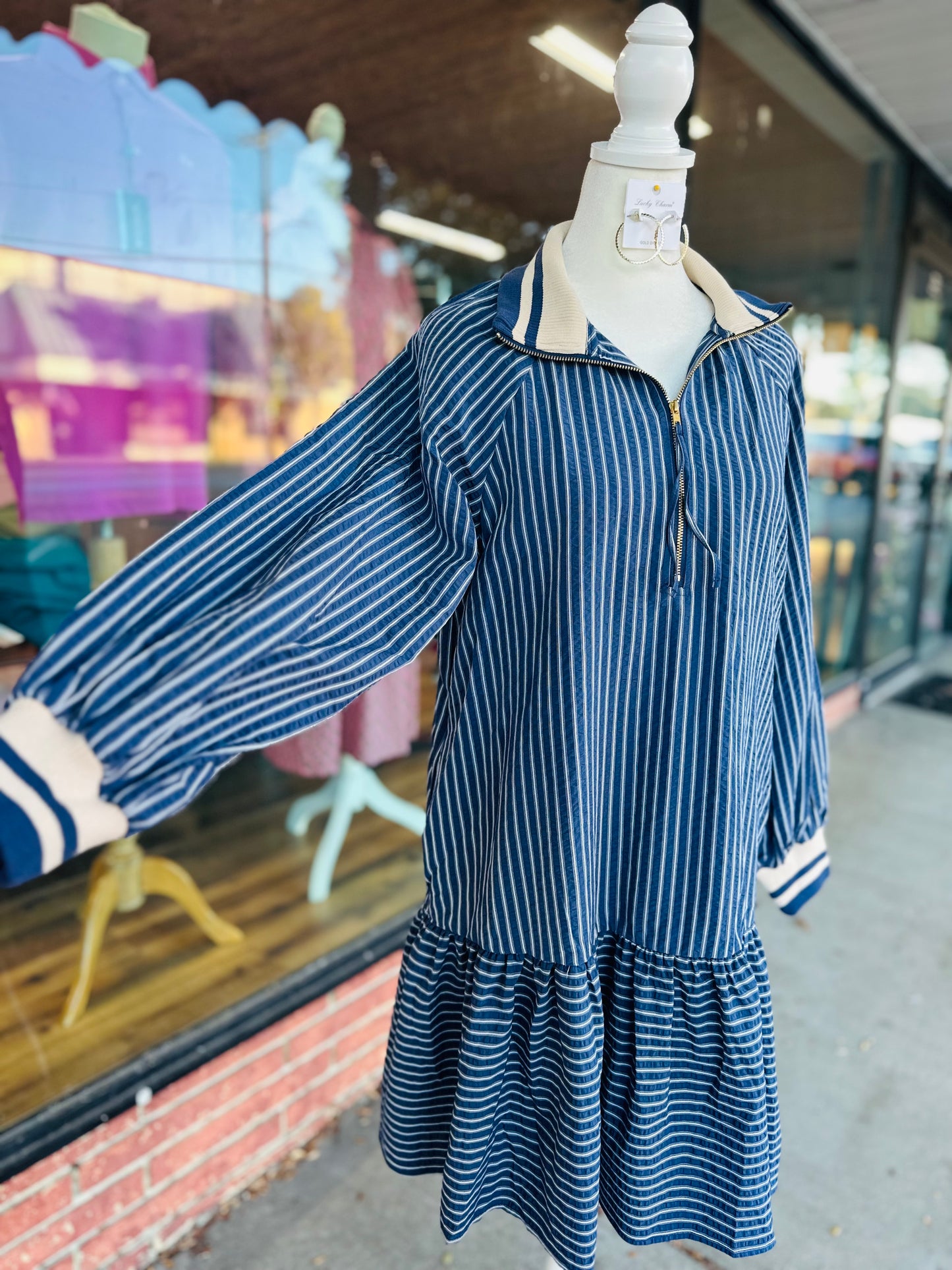 Navy Striped Peplum Hem Dress