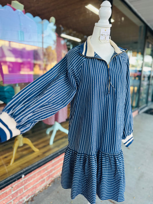 Navy Striped Peplum Hem Dress