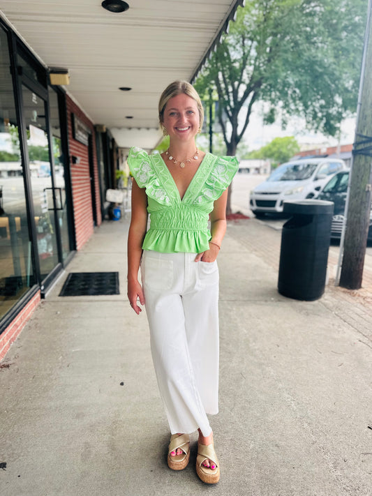 Pistachio Embroidery Ruffle Top