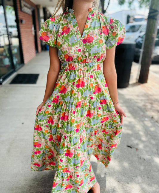 Marigold Floral Cinch Waist Puff Slv Dress