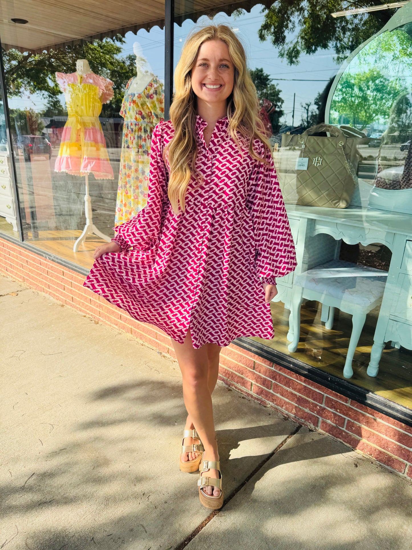 Magenta Puff Long Sleeve Mini Dress