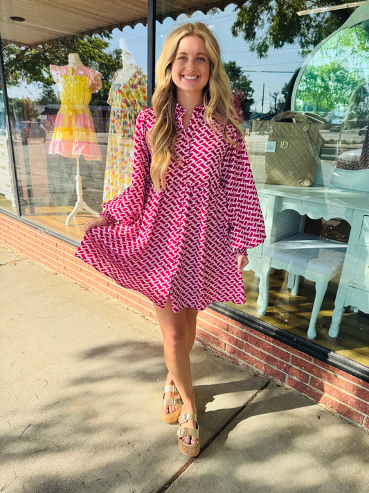 Magenta Puff Long Sleeve Mini Dress