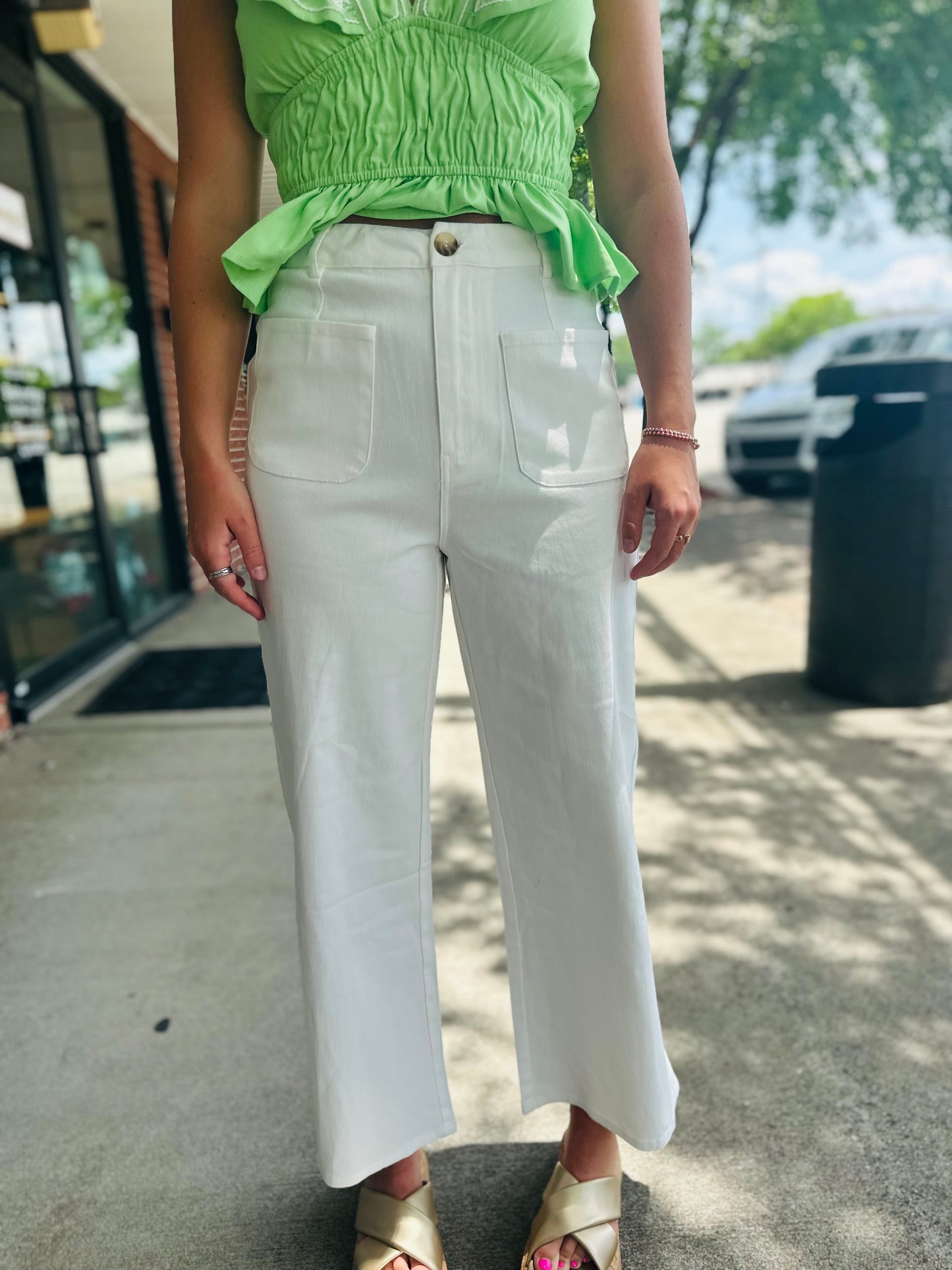 White Cropped Square Pocket Jeans