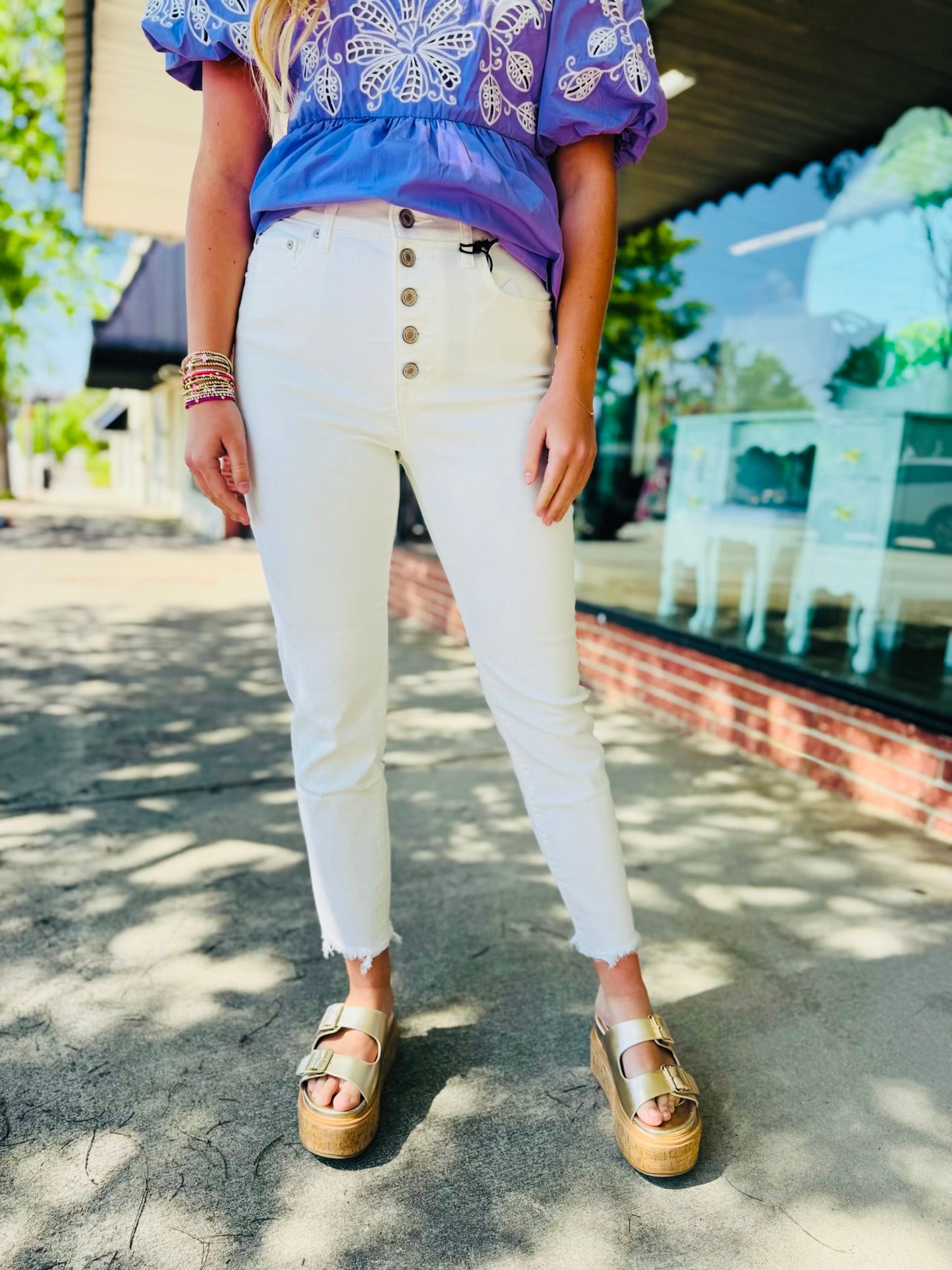 White Raw Hem 5 Button Jeans