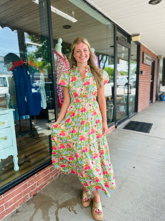 Marigold Floral Cinch Waist Puff Slv Dress