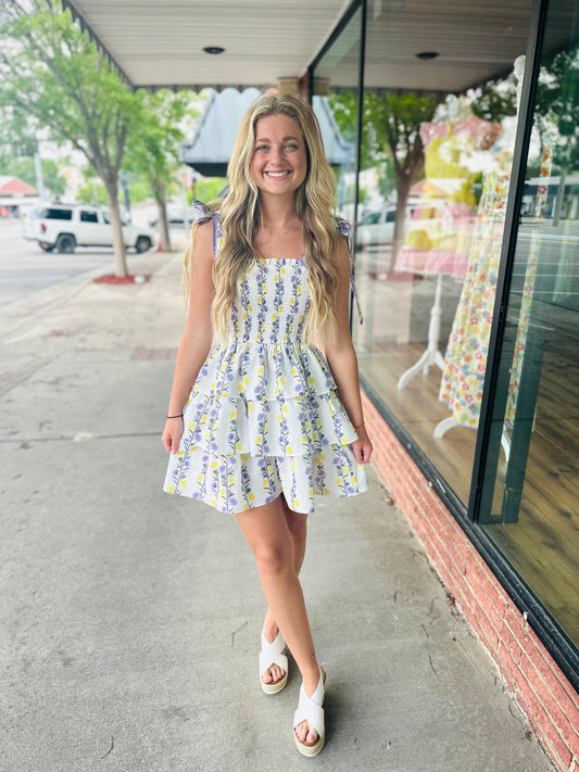 Lavender Floral Tie Strap Mini Dress