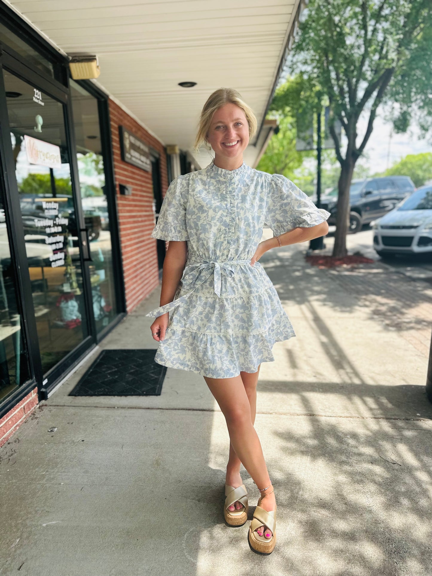 Ivory Blue Floral Mini Dress