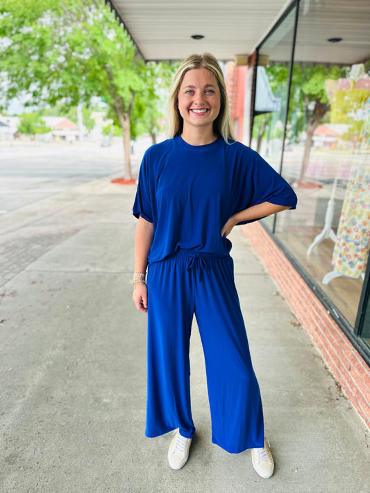 Royal Blue Flowy Top And Pant Set