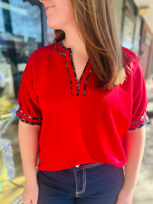 Red w/ Plaid Trim Short Sleeve