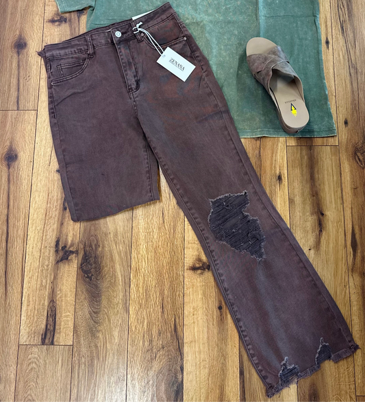 Brown Cropped Distressed Jeans