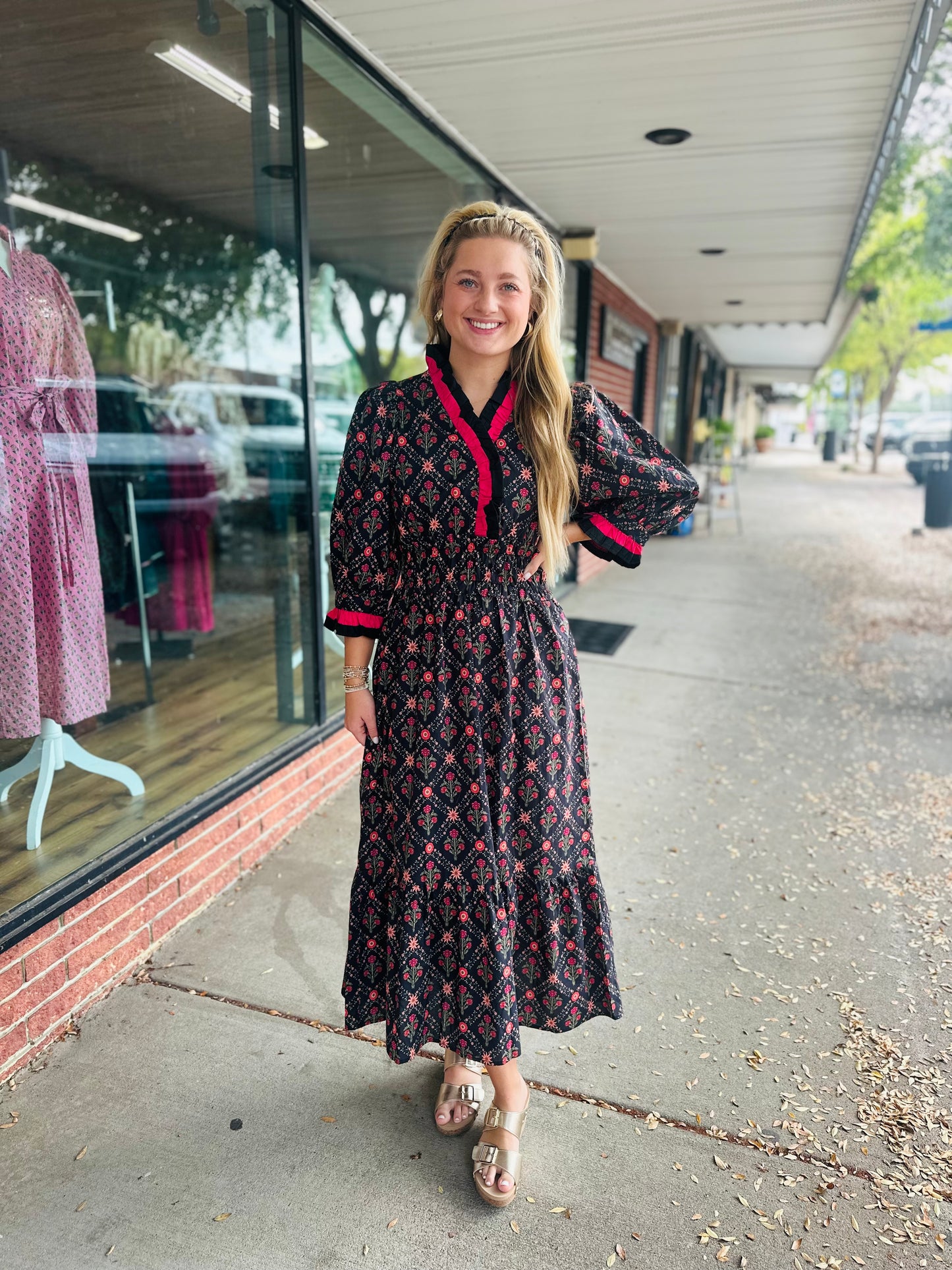 Black/Pink Floral Midi Dress