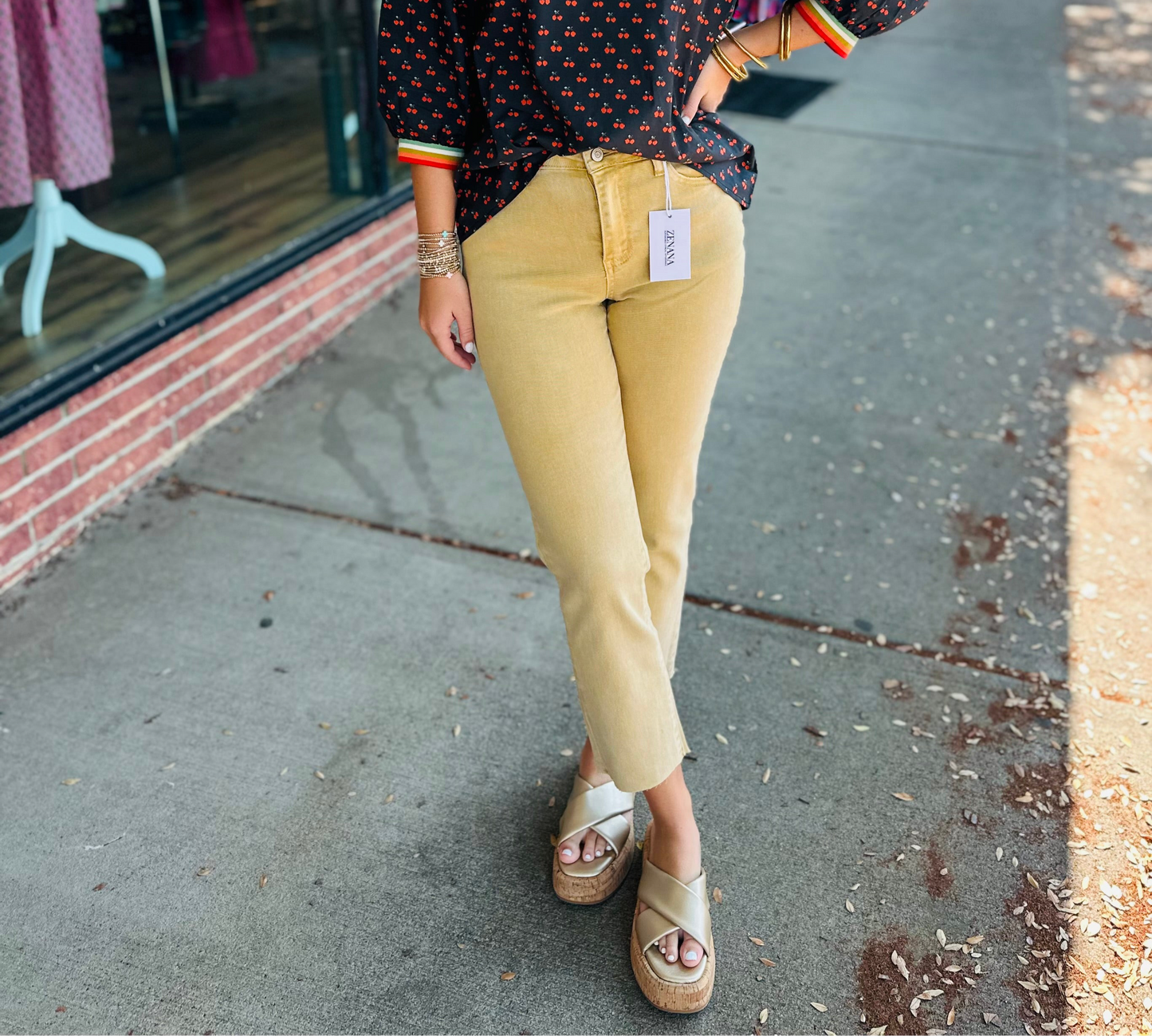 Mustard cropped fringe hem pants