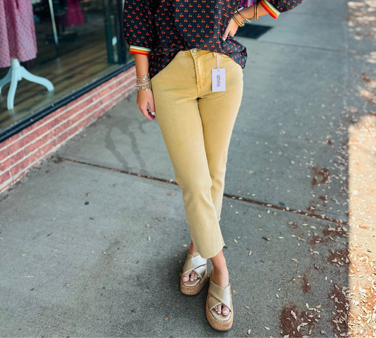 Mustard cropped fringe hem pants