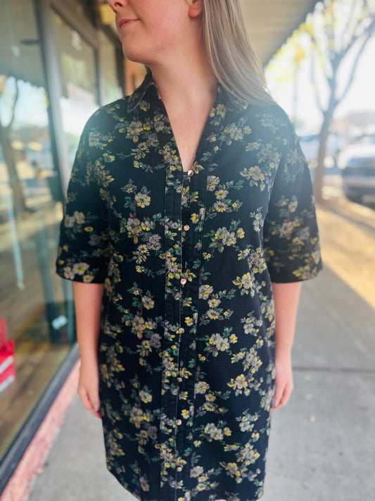 Black Floral Denim Dress