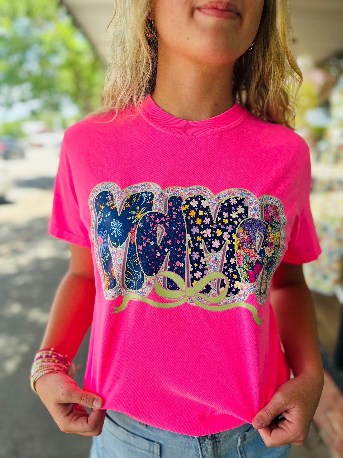 Neon Pink Floral Bow Mama Tshirt