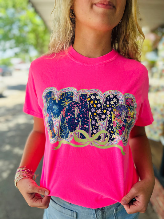 Neon Pink Floral Bow Mama Tshirt