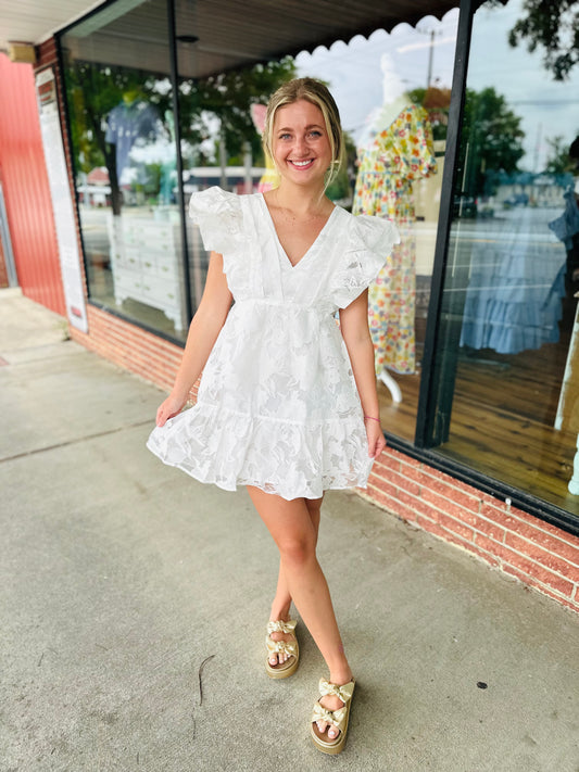 White Floral Ruffle Sleeve Mini Dress