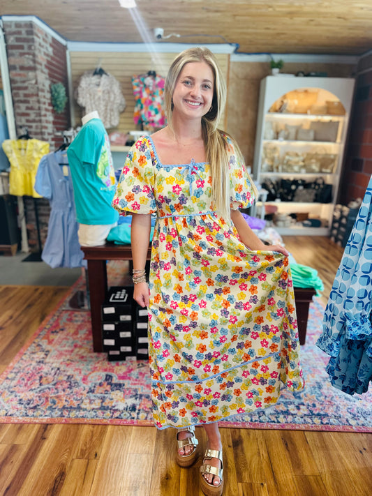 Yellow flower smocked back dress- Small