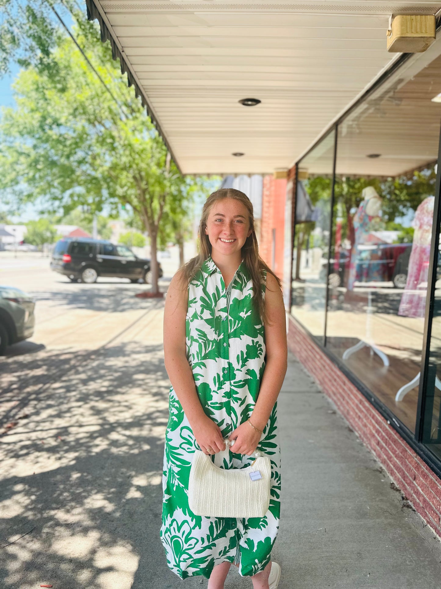 Green Floral Button Up Sleeveless Midi Dress