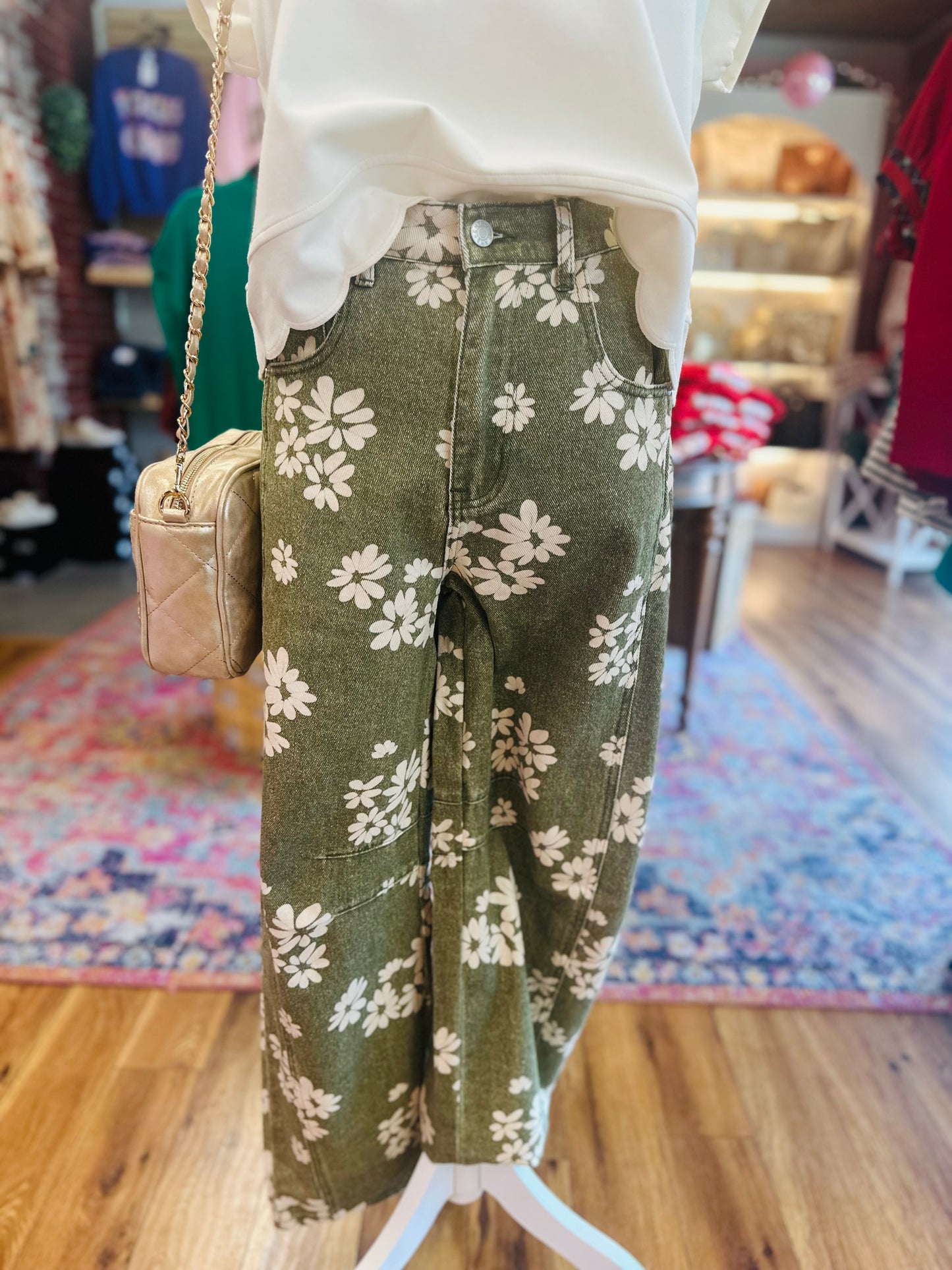 Olive Barrel Floral Jeans