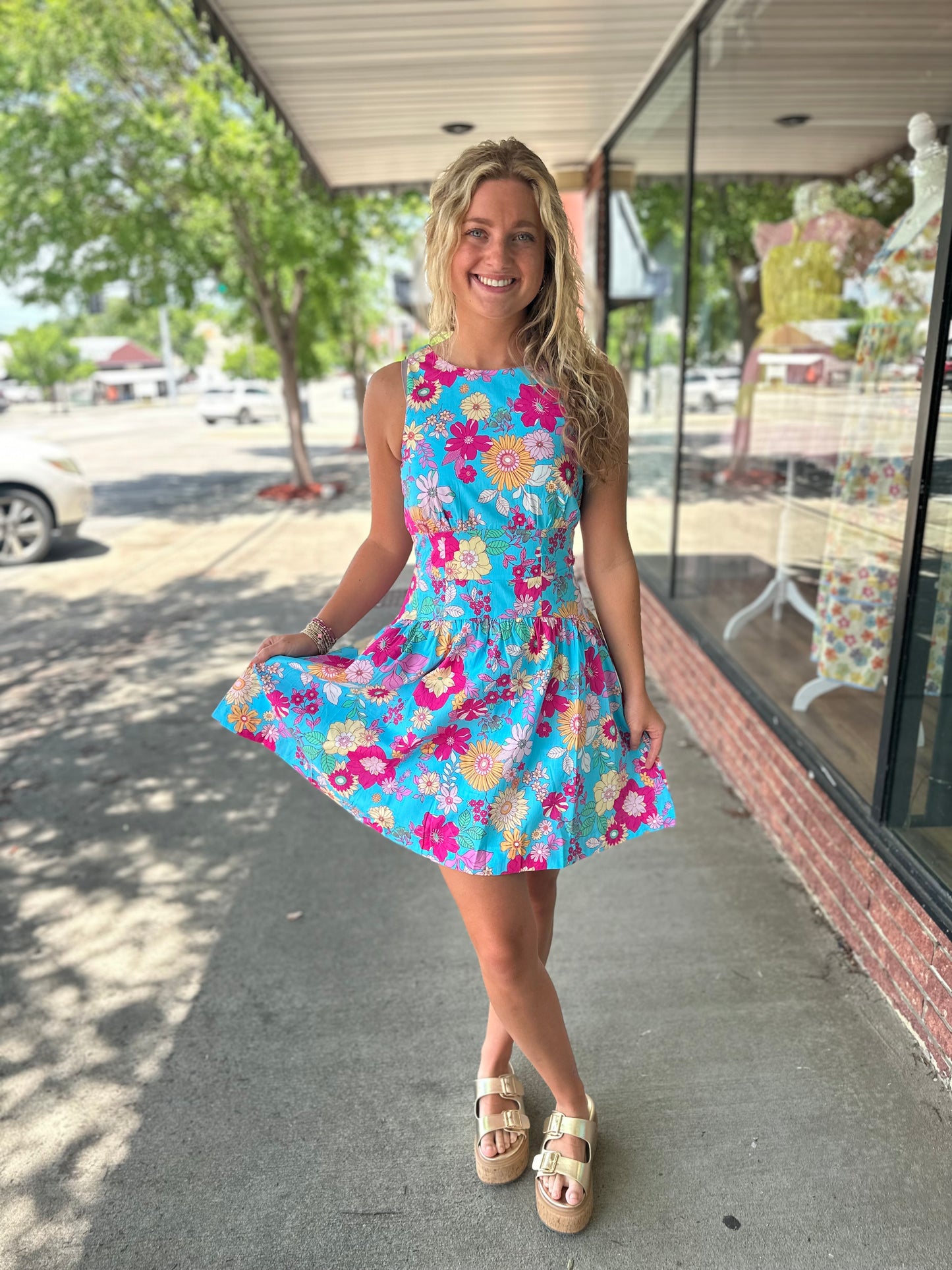 Aqua Floral Sleeveless Dress