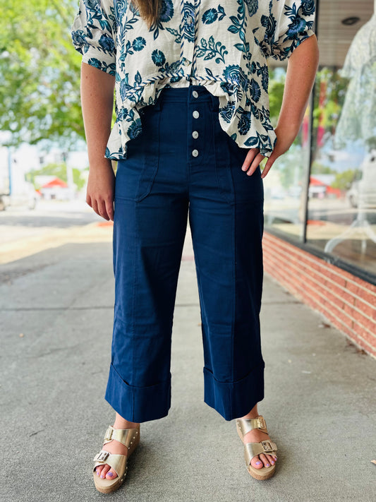 Navy cropped cuffed pants