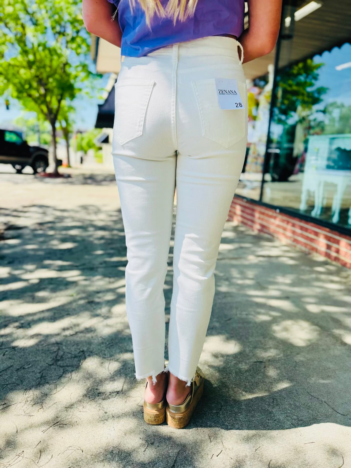 White Raw Hem 5 Button Jeans