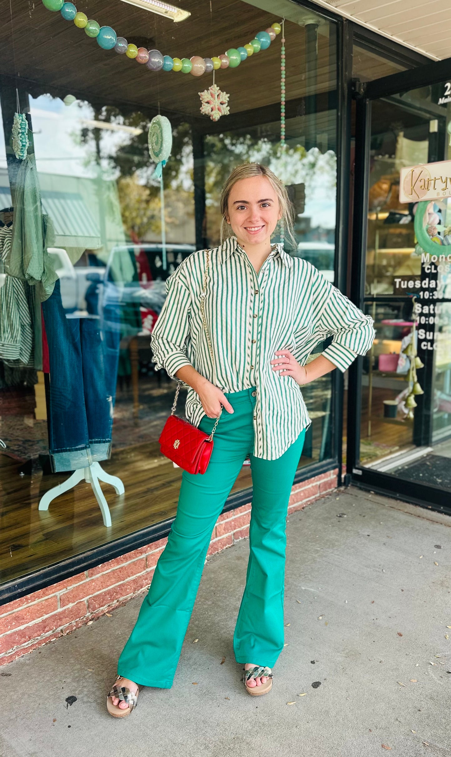 Green Striped Long Sleeve Top