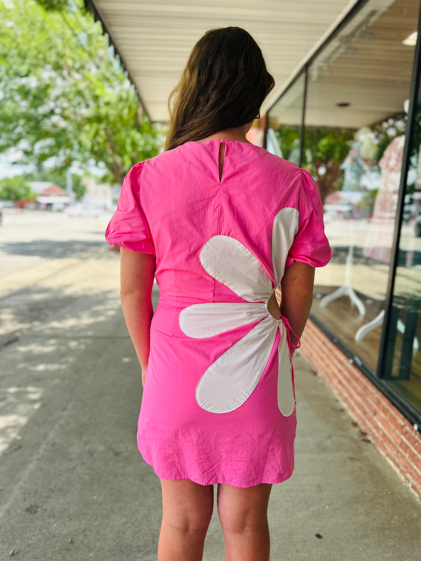 Pink/off white side cut out flower mini dress
