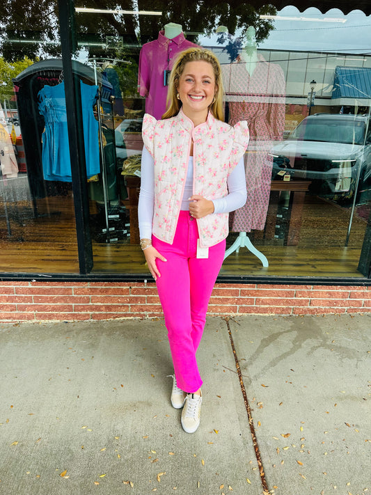 Pink Floral Ruffle Slv Vest