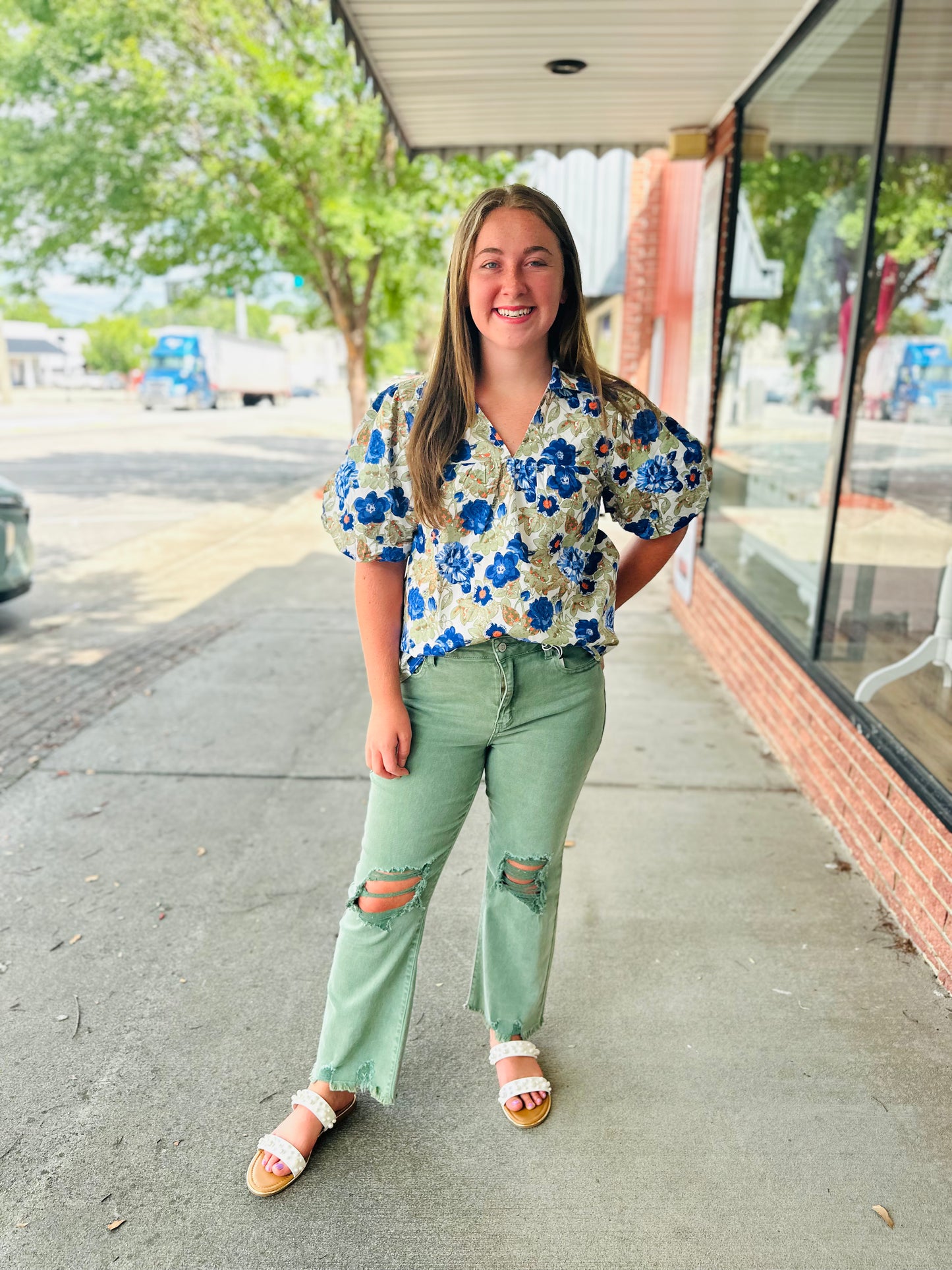Off-white and blue floral top