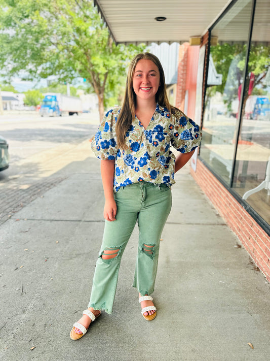 Off-white and blue floral top
