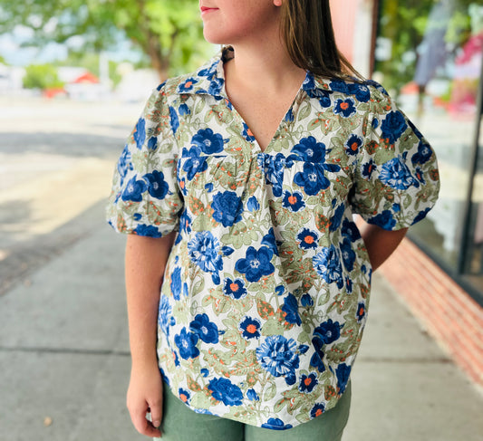 Off-white and blue floral top